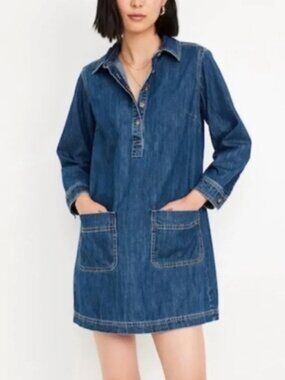 old navy denim popover dress Jean Old Navy Dressing Room Try-On For A Spring Capsule Wardrobe sleeved dress has darting brand:Forever21 Color:Black and White Mix Denim shirt dress Theme felt cute Might